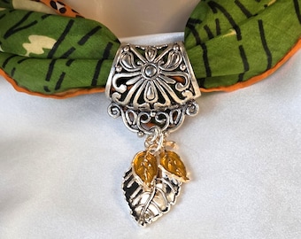 Silver Leaf Scarf Pendant, Leaf Scarf Slide, Scarf Slide Ring, Silver Scarf Jewelry, Silver Brooch Slide