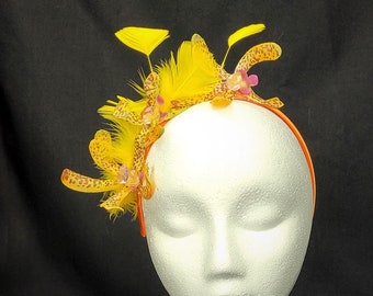 Yellow Feather Fascinator, Yellow Feather Headband, Yellow Floral Fascinator, Yellow Church Fascinator, Yellow Flower Fascinator