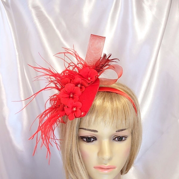 Red Feather headband hat, Red Kentucky Derby hat, Red Dressy Church Hat, Red Wedding Hat, Red Feather headband hat, Red Statement Hat