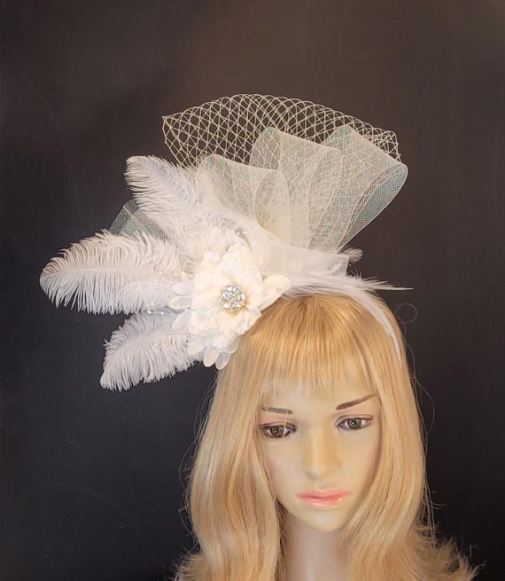 White Feather & Tulle Fascinator Headpiece • Wedding Hair Clip Hat • Garden Part White and Orchid Vintage Inspired Feather Fascinator With  main image 4