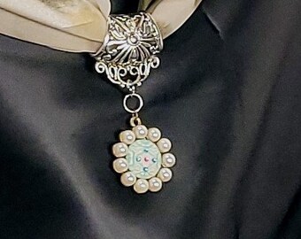 Green Scarf Slide Pendant, Silver Scarf Ring, Floral Brooch Slide, Handmade Scarf Jewelry