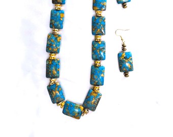 Turquoise and Gold Beaded Statement Necklace and Earrings Set, Blue Large Bead Necklace and Dangle Earrings, Handmade Jewelry Set