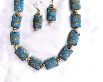 Turquoise and Gold Beaded Statement Necklace and Earrings Set, Blue Large Bead Necklace and Dangle Earrings, Handmade Jewelry Set