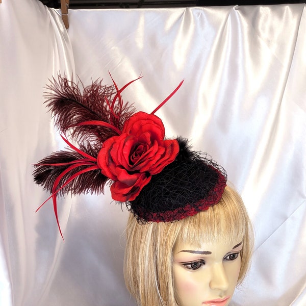 Black and Red Hat, Red Floral Hat, Red Fascinator Hat, Black Formal Hat, Red and Black Dressy Church Hat, Black Cocktail Party Hat