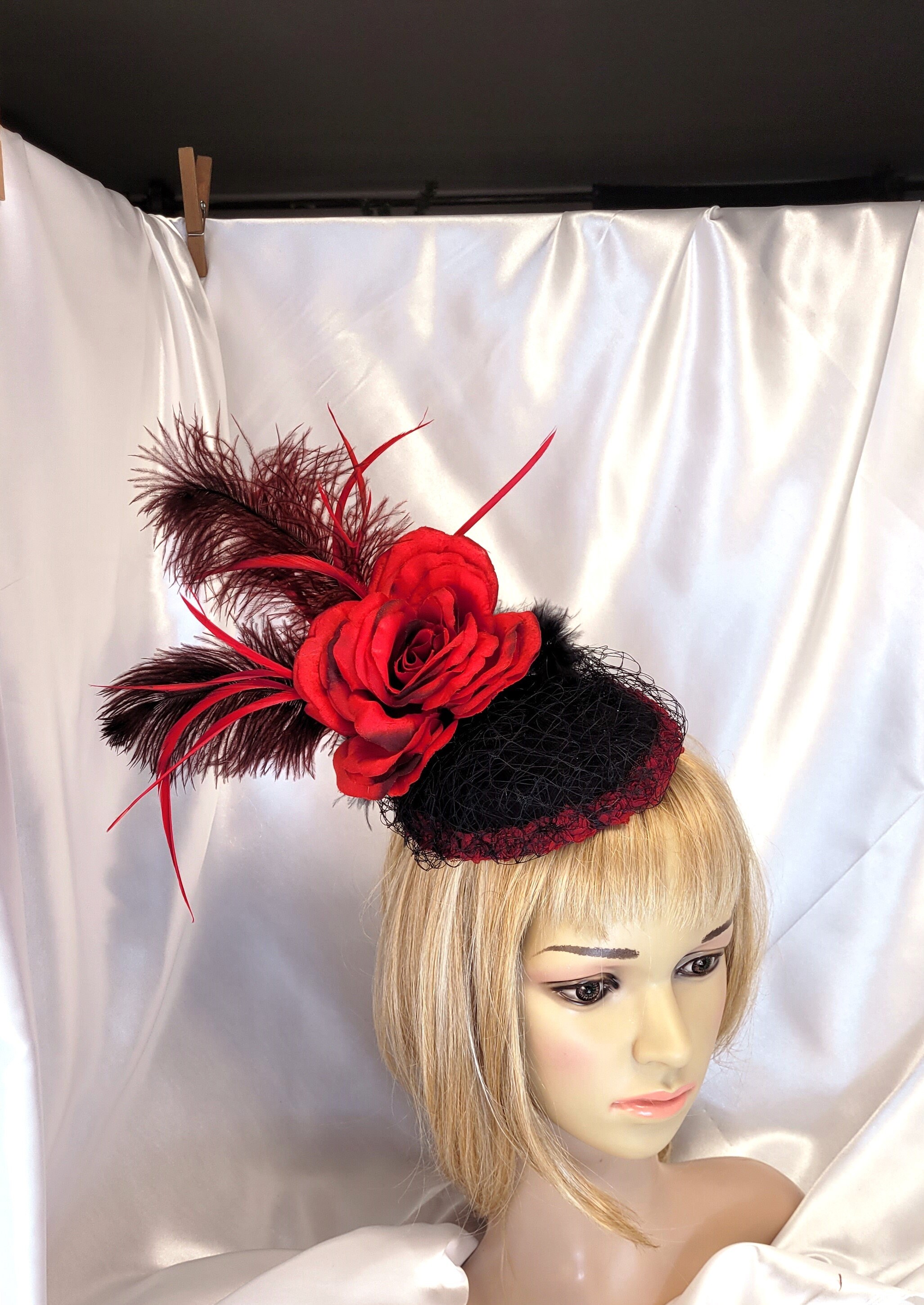 Black and Red Hat, Red Floral Hat, Red Fascinator Hat, Black 