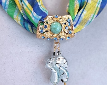 Gold and Blue Scarf Slide Pendant, Blue Scarf Slide, Jewelry Gift for Women, Handmade Scarf Jewelry
