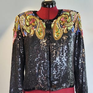 Silk Beaded Jacket, Stenay 100% silk Black Sequined jacket, made in India, Size M, Black Beaded Evening Jacket, 1980s Designer Sequi Jacket