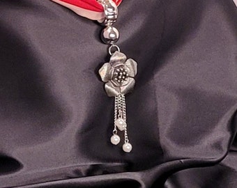 Silver Floral Scarf Slide, Elegant Pearl Chain Pendant, Handmade Scarf Jewelry