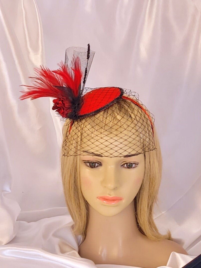 Red Wool Derby Hat Ostrich Feather Fascinator Cocktail Church Red Hat Society Deborah Fashions Church Derby Fascinator Hat Cap VTG Red  main image 3