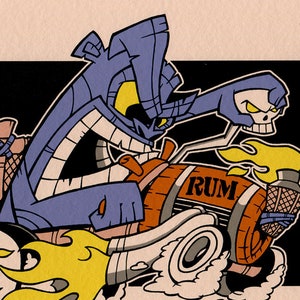 May include: Illustration of a cartoon character riding a motorcycle with a barrel labeled "RUM." The character is blue with yellow eyes and a skull-shaped head. The motorcycle has flames and a cloud of smoke.