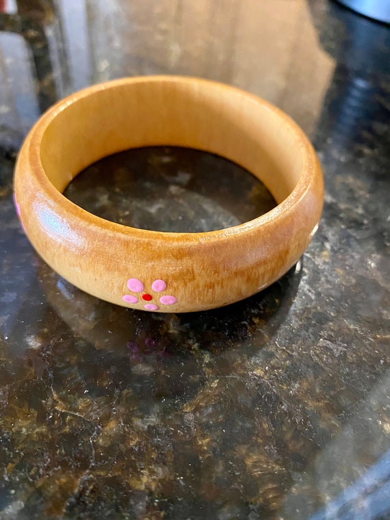 Wooden Bangle Bracelet with Pink Flowers - image 1