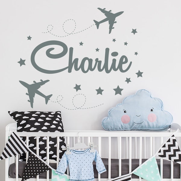 Personalized Boy Name Wall Decal Airplane Boys Name Decals Nursery Decor Plane Wall Decal Vinyl Name Sticker Boys Room Decor (MA40)