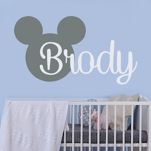Name Wall Decal Mickey Mouse Head Ears Vinyl Decals Sticker Custom Decals Personalized Baby Name Decor Bedroom Nursery Baby Room Decor J459