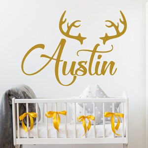 Vinyl Name Wall Decal, Deer Antler Decal, Rustic Nursery Decor, Personalized Name Sticker. Boys Name Decal, Hunting Themed Woodland  (MA38)