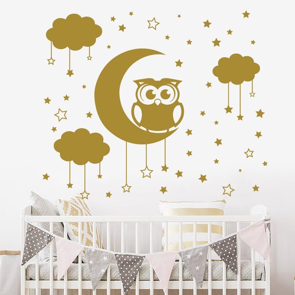 Owl Wall Decal, Clouds Decals, Moon And Stars Nursery Decor, Owl Nursery Decor, Moon Decal, Owl Vinyl Decal, Nursery Wall Decal  J430