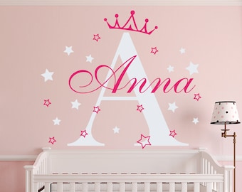 Girls Name Wall Decal - Monogram Decal - Princess Crown Decal - Star Sticker - Nursery Room Decor - Custom Sticker - Name Decal (MA67)