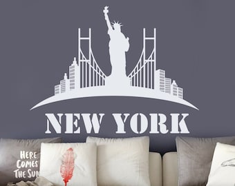 New York Wall Decal, City Skyline, New York Skyline Decal, Statue Of Liberty Decals, New York Sticker, Bedroom Decor, Removable Sticker J678