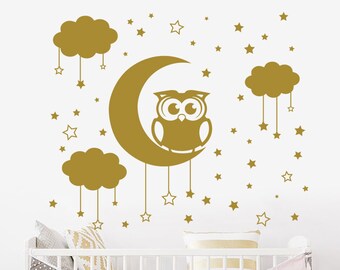 Owl Wall Decal, Clouds Decals, Moon And Stars Nursery Decor, Owl Nursery Decor, Moon Decal, Owl Vinyl Decal, Nursery Wall Decal  J430
