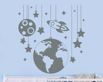 Planet Wall Decals. Rocket Decal. Nursery Room Decor. Space Ship Decal. Kids Room Decor. Boys Bedroom Decor. Space Decal. Crib Decal  J408
