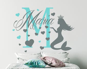 Girls nombre pared calcomanía sirena calcomanía encargo etiqueta náutica vivero decoración monograma carta calcomanías dormitorio decoración náutica (MA70)