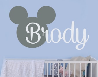 Nombre pared calcomanía Mickey Mouse cabeza orejas vinilo calcomanías pegatina calcomanías personalizadas nombre bebé decoración dormitorio guardería bebé habitación decoración J459