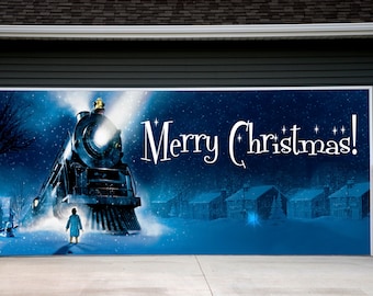 Merry Garage Door Covers Christmas 3D Banners Outside Christmas Train Outdoor Decor for Doors Winter Holiday Decorations Billboard GD80