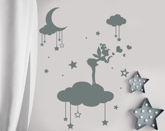 Wall Decal Fairy. Tinkerbell Wall Decals. Moon And Star Decal. Cloud Vinyl. Girls Bedroom Decor. Nursery Sticker. Nursery Decor Girl MM39