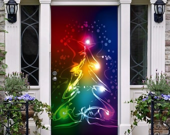 Front Door Cover Christmas Decor 3D Banner Tree Vinyl Holiday Art Decor for House New Year Decoration ON23