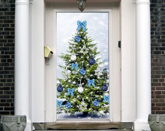 Christmas Front Door Cover Entry Doors Vinyl 3D Banner Art New Year Holiday Decor Outside Home ON22