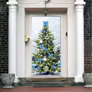 Christmas Front Door Cover Entry Doors Vinyl 3D Banner Art New Year Holiday Decor Outside Home ON22