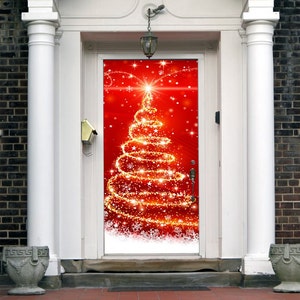 Christmas Front Door Cover Entry Holiday Doors 3D Banner Decor Christmas Tree Vinyl Outdoor House New Year Decoration ON17