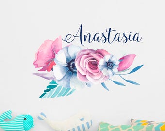 Personalizado niñas nombre vinilo calcomanías de pared / calcomanía de flores / floral pared pegatinas / nombre calcomanía / decoración de la guardería / decoración de la habitación de los niños / decoración de la cuna ba6