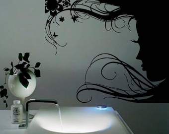 ENVÍO GRATIS pared calcomanías salón de belleza decoración modelo chica cara de pelo largo vinilo etiqueta de peluquería peluquería spa decoración interior decoración m605