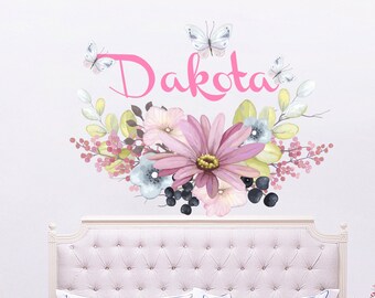 Rustic Floral Name Wall Decal – Personalized Boho Nursery Decor MA244