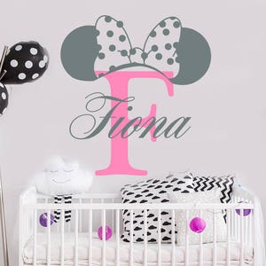 Girls Name Wall Decal,Mickey Mouse Decal, Monogram Letter, Minnie Mouse Ears, Nursery Decor Girl, Girl Room Decor, Custom Name Art  (MA175)