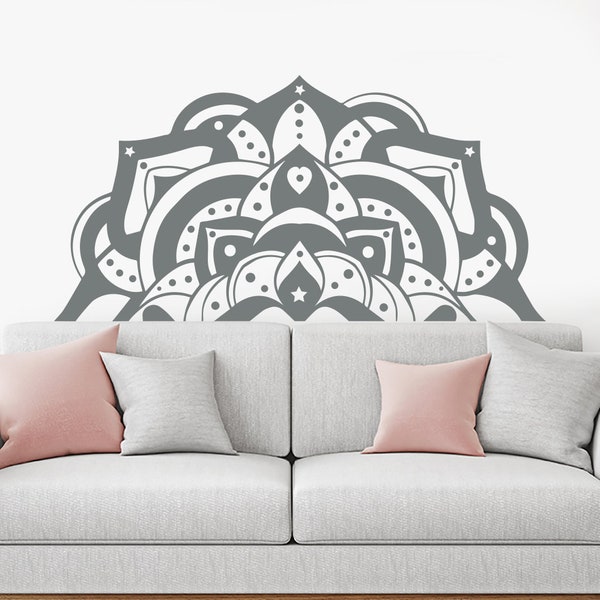 Mezza Mandala Wall Decal, Boho Decor, Mandala Sticker, Decal testiera, Boho decalcomania, camera da letto modello marocchino, Yoga Studio Decor (MA211)