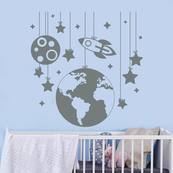 planet wall decals. rocket decal. nursery room decor. space | etsy