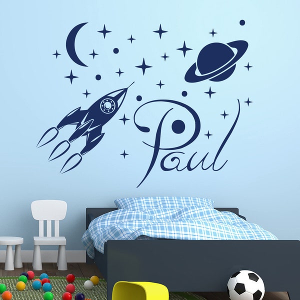Name Wall Decal. Space Nursery Decor. Rocket  Decal. Personalized Name  Decal. Space Vinyl Sticker. Boys Name Decal. Nursery Decor. (MA64)