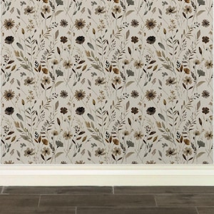 Neutral Wildflower Peel and Stick Wallpaper, Earthy Botanical Removable Wall Décor, Boho Accent Wall – Thalara