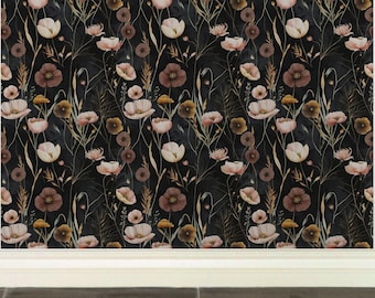 Dark Floral Peel and Stick Wallpaper, Black Botanical Removable Wall Décor, Moody Wildflower Accent Wall – Melantra