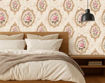 May include: Wallpaper featuring a repeating pattern of oval frames, each with a pink rose bouquet. The frames are gold, set against a cream background with a subtle floral design. A classic, romantic wallpaper design.