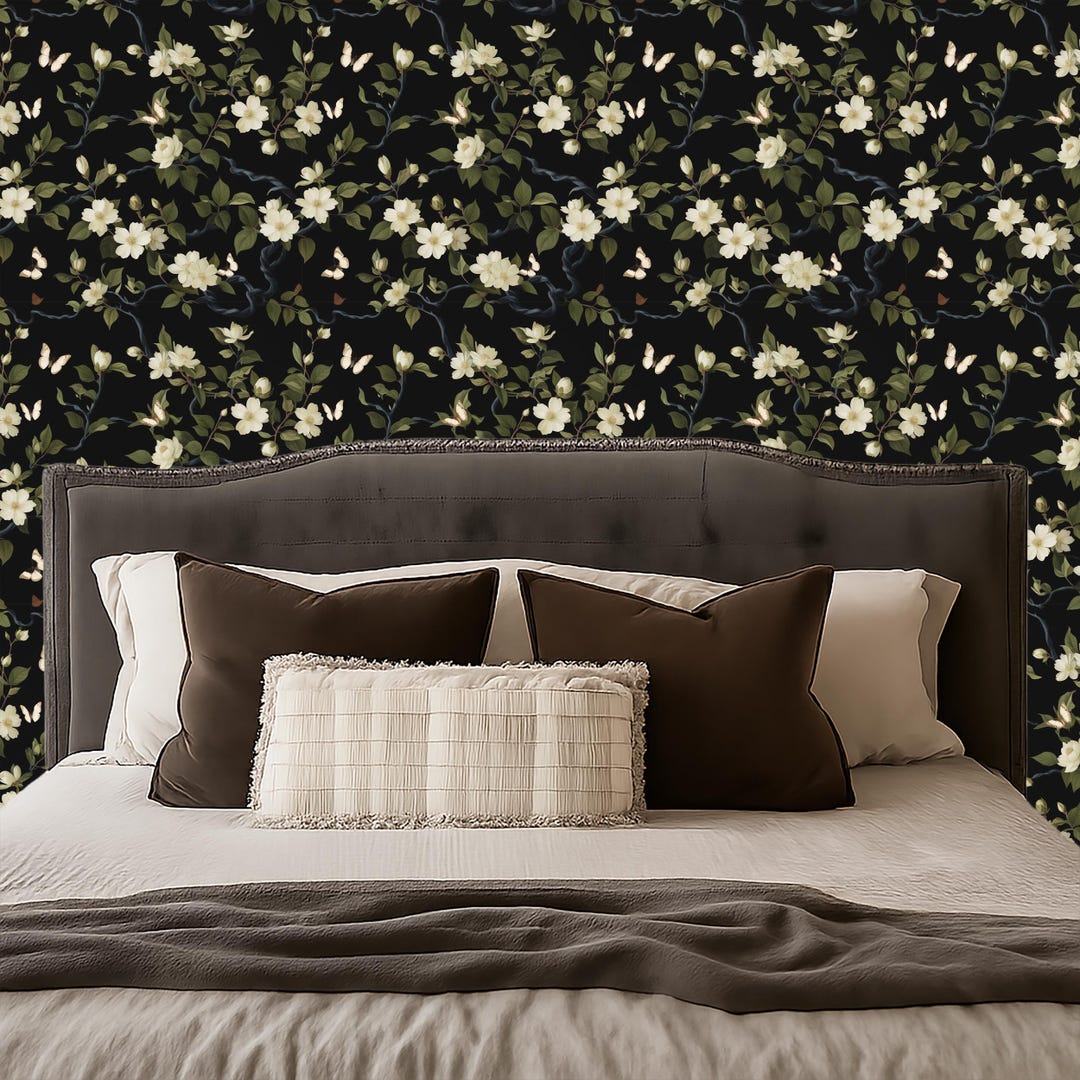 Dark Floral Peel and Stick Wallpaper, Black Botanical Wall Décor ...