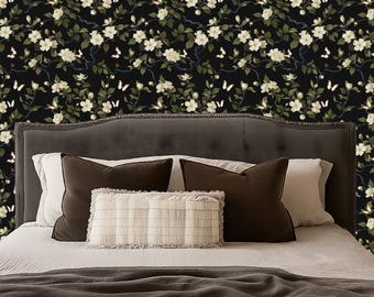 Dark Floral Peel and Stick Wallpaper, Black Botanical Wall Décor, Elegant Floral Butterfly Accent Wall – Thessira