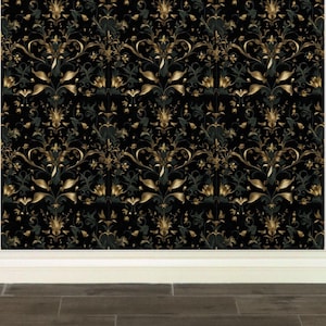 Gold Floral Peel and Stick Wallpaper, Black and Gold Botanical Removable Wall Décor, Luxury Accent Wall – Aurevelle