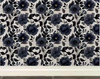 May include: Wallpaper with a repeating pattern of dark blue peony flowers and black leaves on a cream backdrop. The design includes smaller blue buds and a subtle striped texture, creating a classic, elegant aesthetic for interior decor.