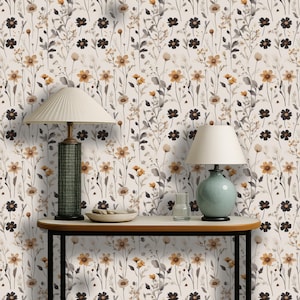 Wildflower Peel and Stick Wallpaper, Neutral Botanical Wall Décor, Beige Floral Removable Wall Mural, Vintage Garden - Anoura