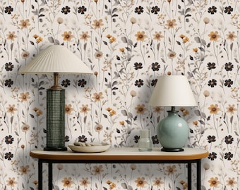 Papel pintado autoadhesivo con flores silvestres, decoración botánica neutra para pared, mural extraíble con flores beige, jardín vintage - Anoura