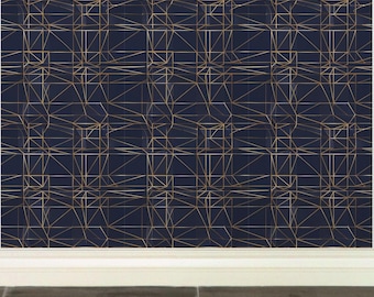 Navy Blue and Gold Geometric Wallpaper, Modern Peel and Stick Accent Wall Decor - Cassivelle