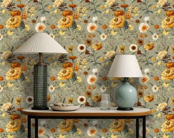 Papel pintado autoadhesivo con flores silvestres, decoración de pared extraíble con un cálido toque botánico, pared con acento floral vintage – Mariglen