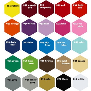 May include: A color chart with 21 different colors, each color is represented by a hexagon shape. The colors are labeled with numbers and names, such as 021 yellow, 026 purple red, 312 burgundy, 031 red, 032 light red, 034 orange, 040 violet, 042 lilac, 041 pink, 045 soft pink, 050 dark blue, 067 blue, 084 sky blue, 056 ice blue, 055 mint, 061 green, 063 lime tree, 080 brown, 081 light brown, 023 cream, 071 grey, 090 silver grey, 091 gold, 070 black, and 010 white.